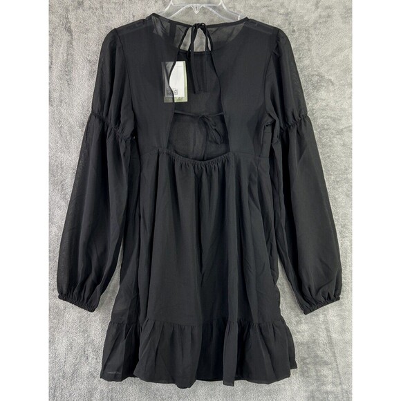 Divided H&M Small Black Long Bell Sleeve Open Tied Back Dress Sheath Witchy Goth - Picture 2 of 14